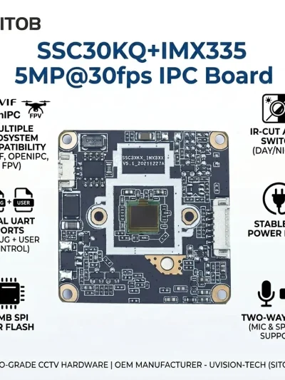SSC30KQ IMX335 Starvis 5MP@30fps Module for CCTV Camera/OpenIPC SigmaStar SoC 16MB Flash 12V Dual UART IR-CUT Audio Mic Speaker